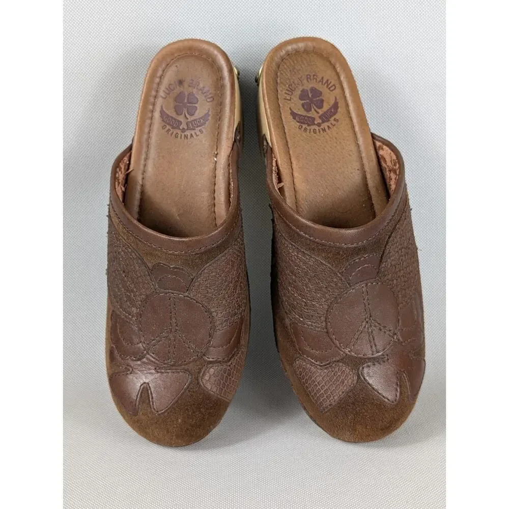Lucky Brand Womens Wood Leather Platform Block Clogs Brown Size 6.5 M Peace